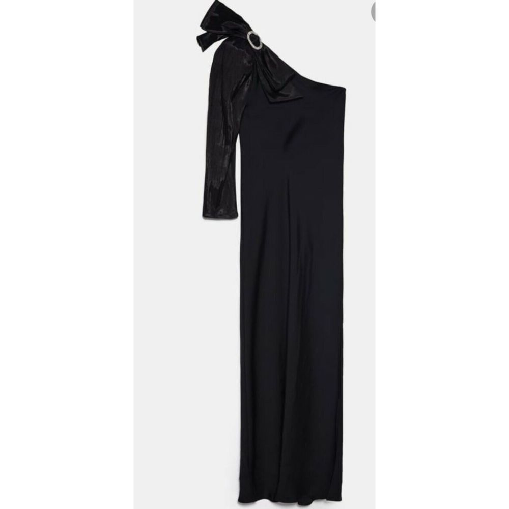 Zara Black Asymmetrical 3/4 Sleeve Broach Maxi Dress XS